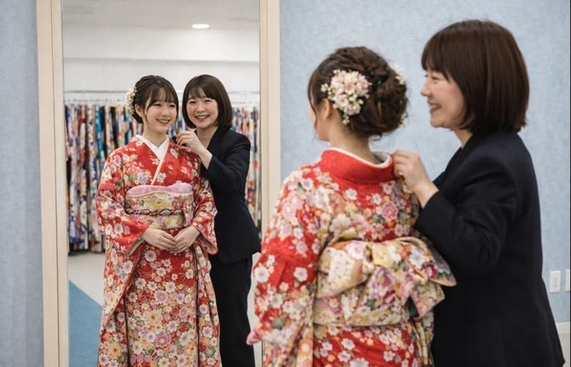 振袖を試着する様子