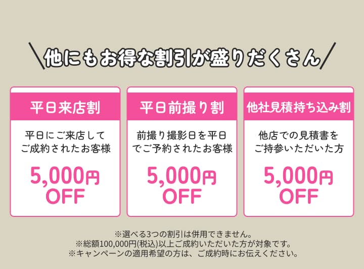 紹介キャンペーンで某テーマパーク1dayパスをプレゼント。さらに平日来店割、平日前撮り割、他社見積持ち込み割の3つの割引が各5,000円オフ。