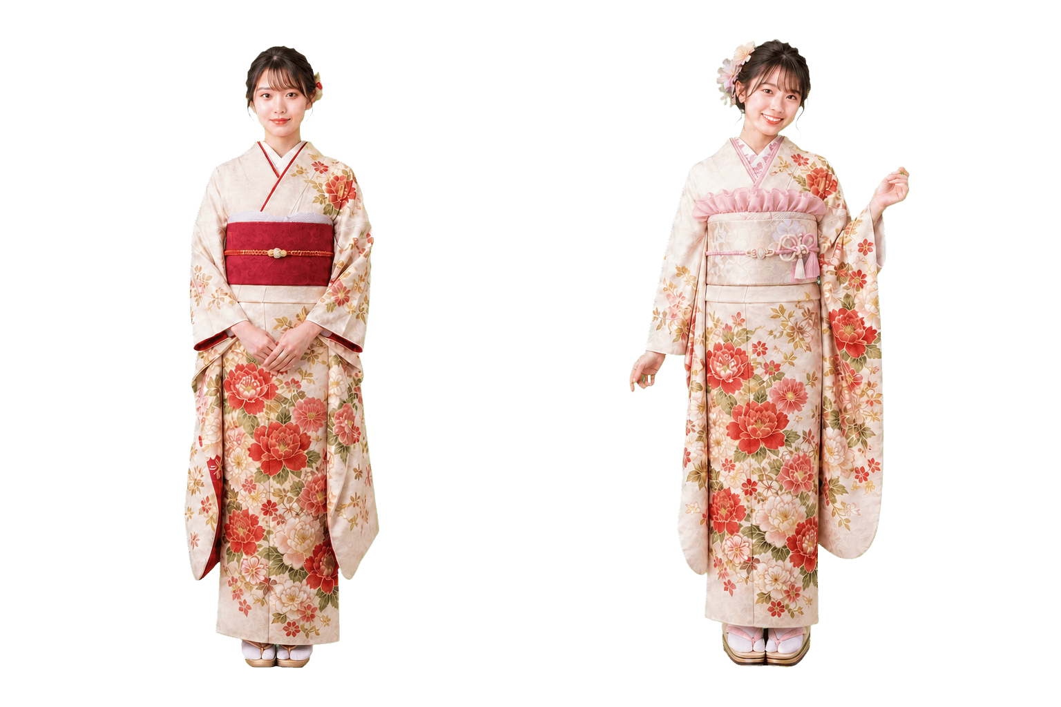 昔ながらの小物と現代風の帯揚げを合わせたママ振袖のコーディネート比較