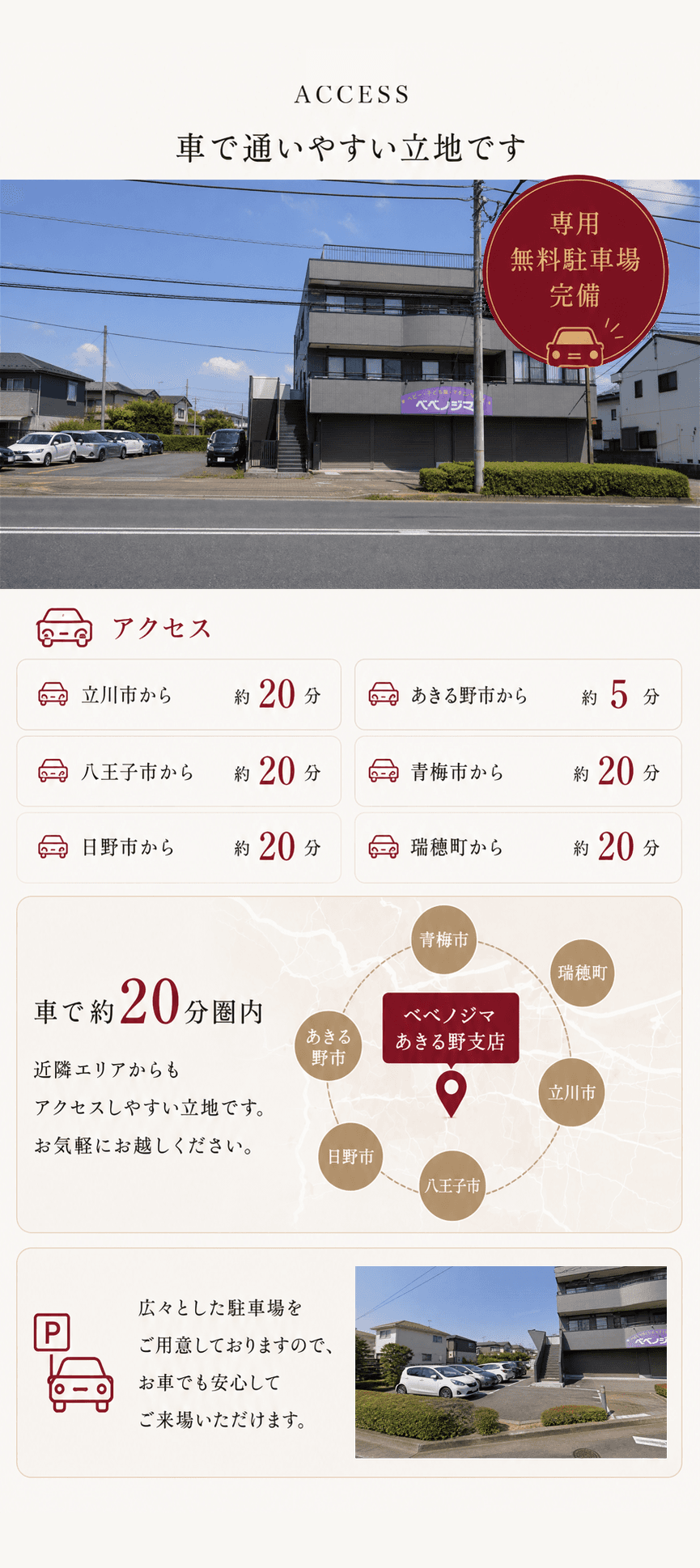 ベベノジマあきる野店の店舗外観、周辺エリアからの車での所要時間、専用無料駐車場の案内。