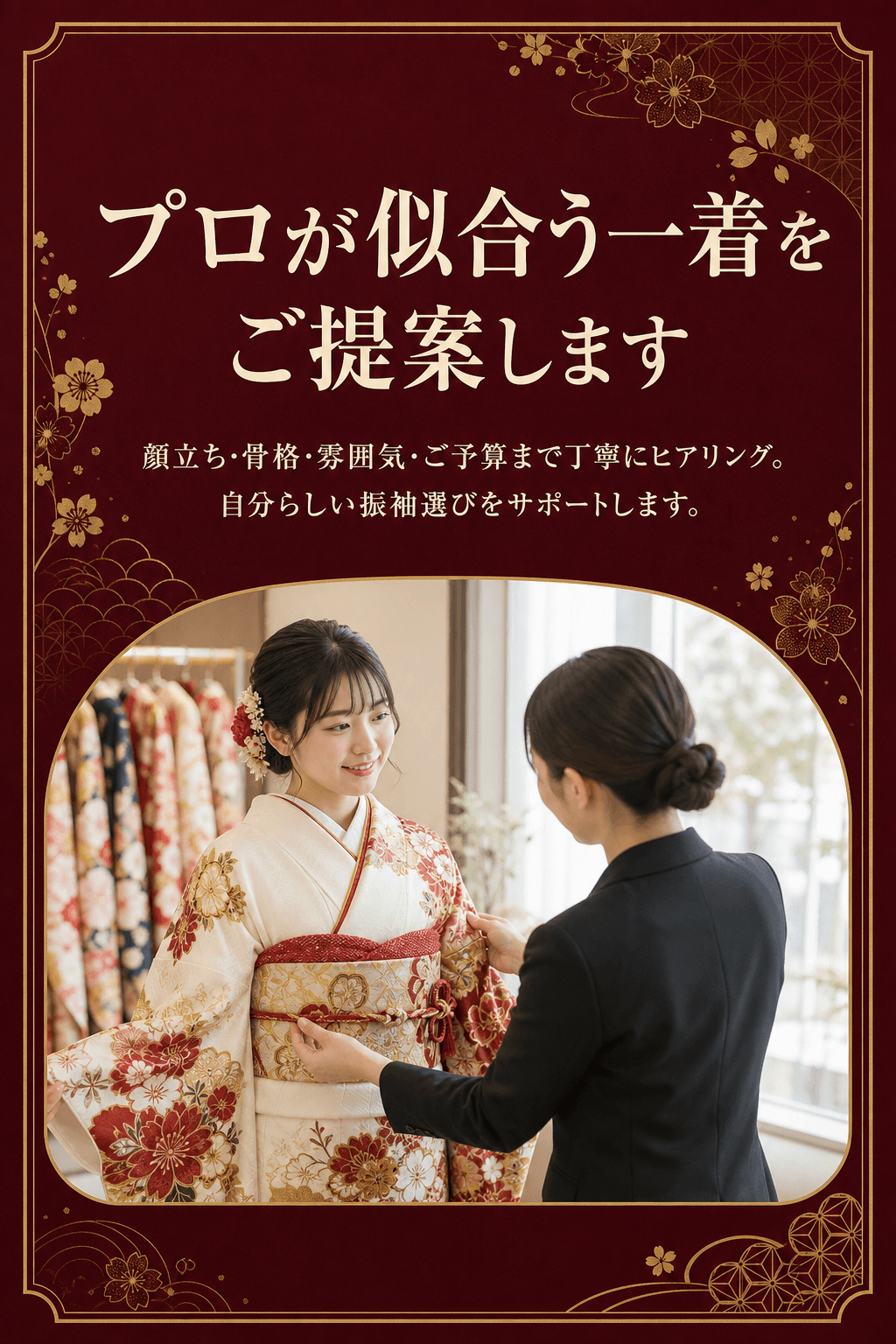 振袖姿のお客様に専門スタッフが似合う一着とコーディネートを提案している様子。