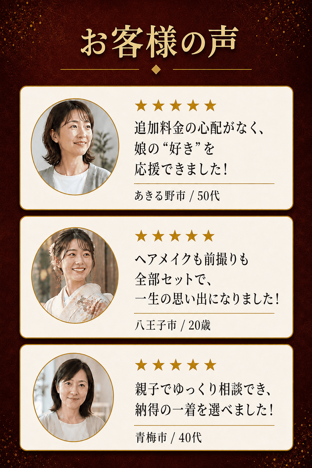あきる野市、八王子市、青梅市のお客様による振袖選び、前撮り、料金についての口コミ3件。