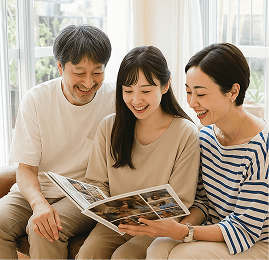 アルバムを読む家族
