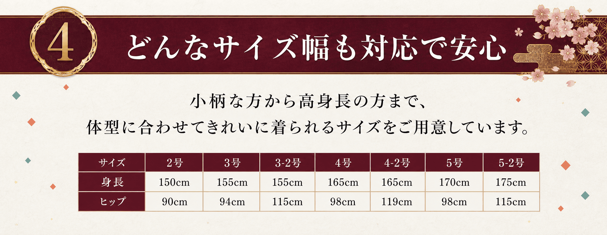 ベベノジマが選ばれる理由4。幅広い振袖サイズに対応。