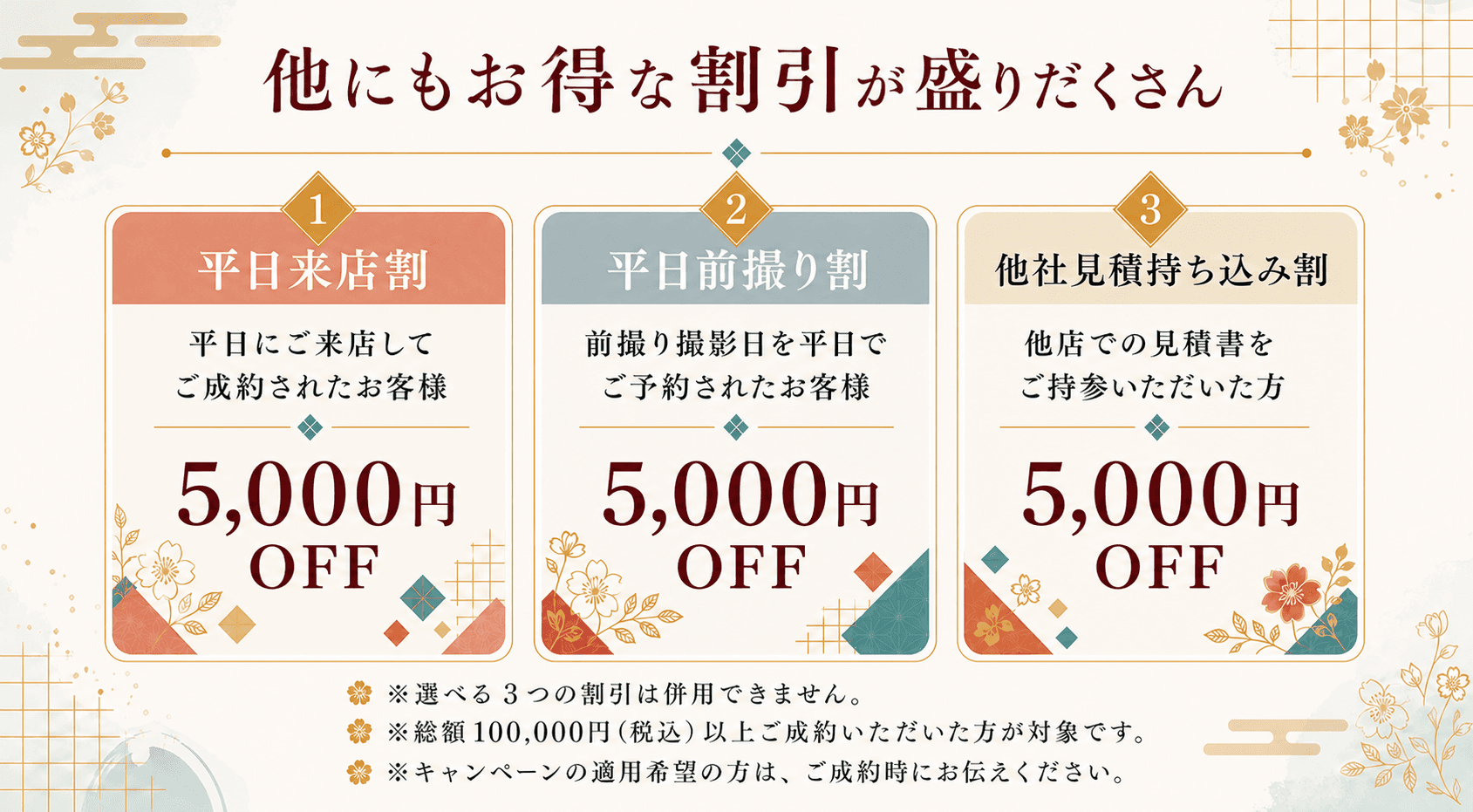 秋の振袖大展示会で利用できる各種割引キャンペーン。